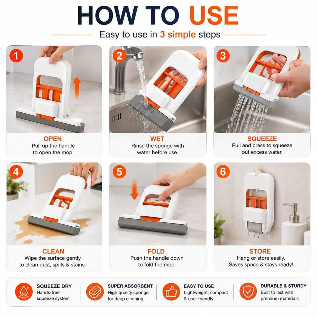 Mini Mop – Foldable Hands-Free Cleaner for Quick Messes